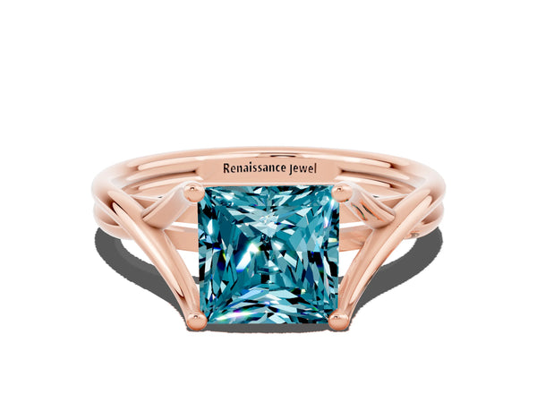 Rose gold Princess Cut Blue Topaz Solitaire Twist Band Prong Setting Ring