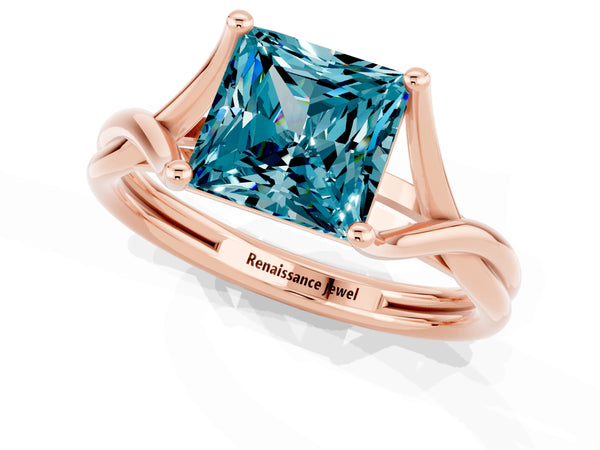 Rose gold Princess Cut Blue Topaz Solitaire Twist Band Prong Setting Ring