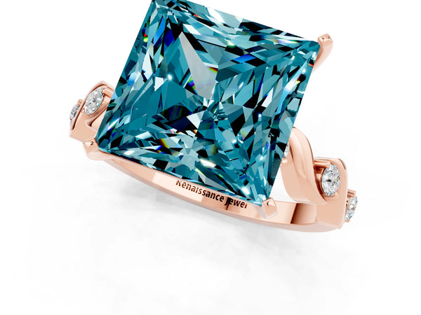 Rose gold Princess Cut Blue Topaz Solitaire Twisted Band with Round  Accents and Prong Setting