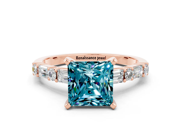 Rose gold Princess Cut Blue Topaz Solitaire with Side Baguettes and Channel Set Band