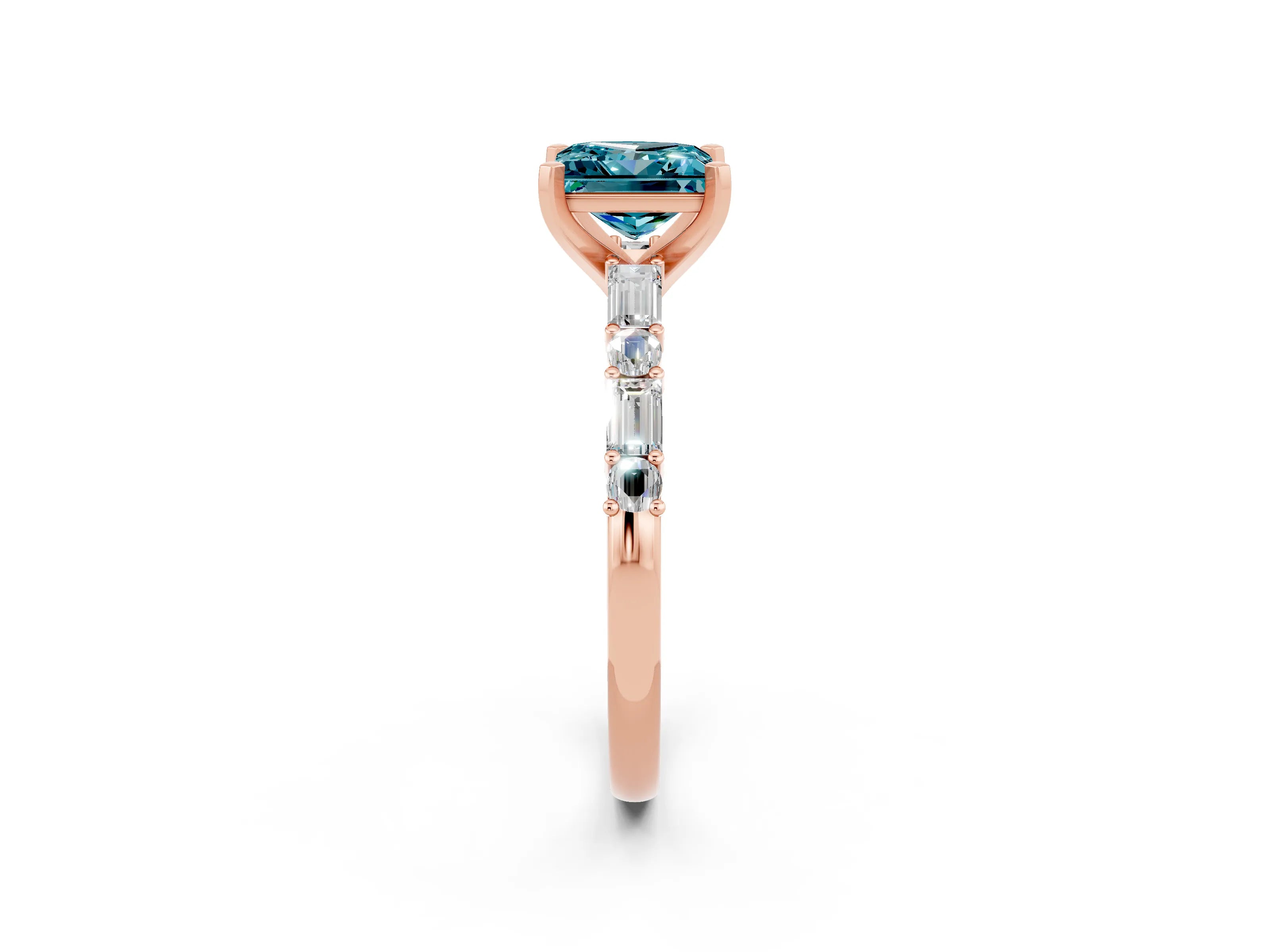 Rose gold Princess Cut Blue Topaz Solitaire with Side Baguettes and Channel Set Band_2
