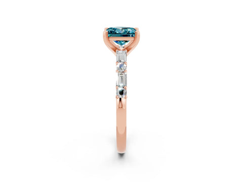 Rose gold Princess Cut Blue Topaz Solitaire with Side Baguettes and Channel Set Band_2