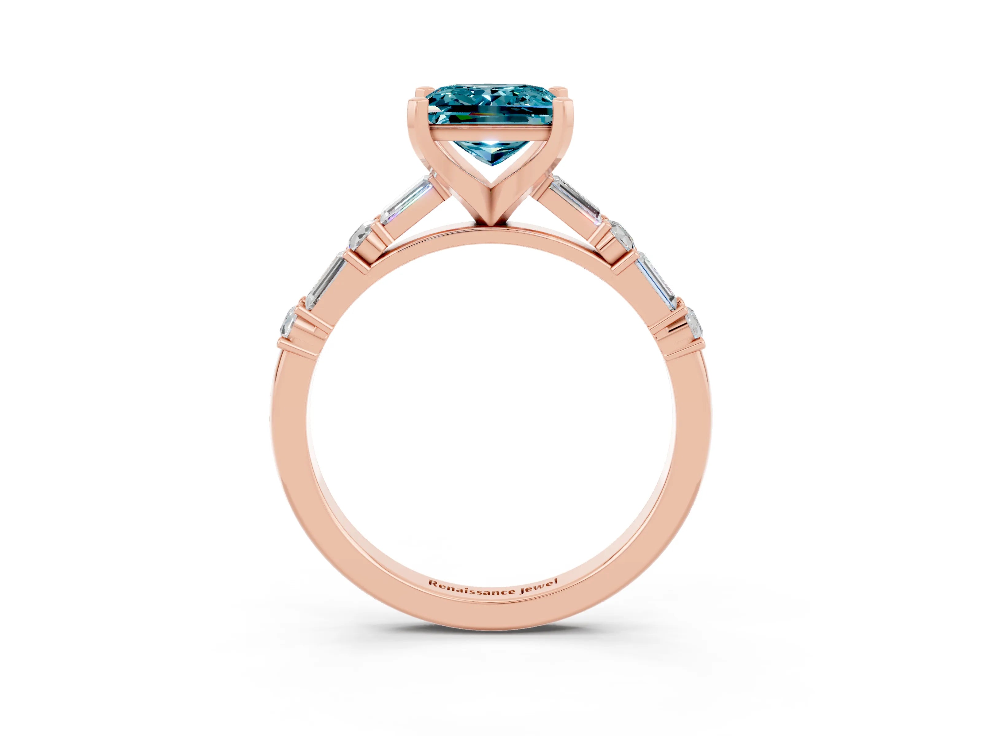 Rose gold Princess Cut Blue Topaz Solitaire with Side Baguettes and Channel Set Band_3