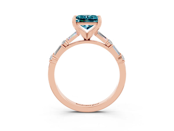 Rose gold Princess Cut Blue Topaz Solitaire with Side Baguettes and Channel Set Band
