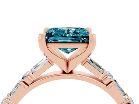 Rose gold Princess Cut Blue Topaz Solitaire with Side Baguettes and Channel Set Band_4