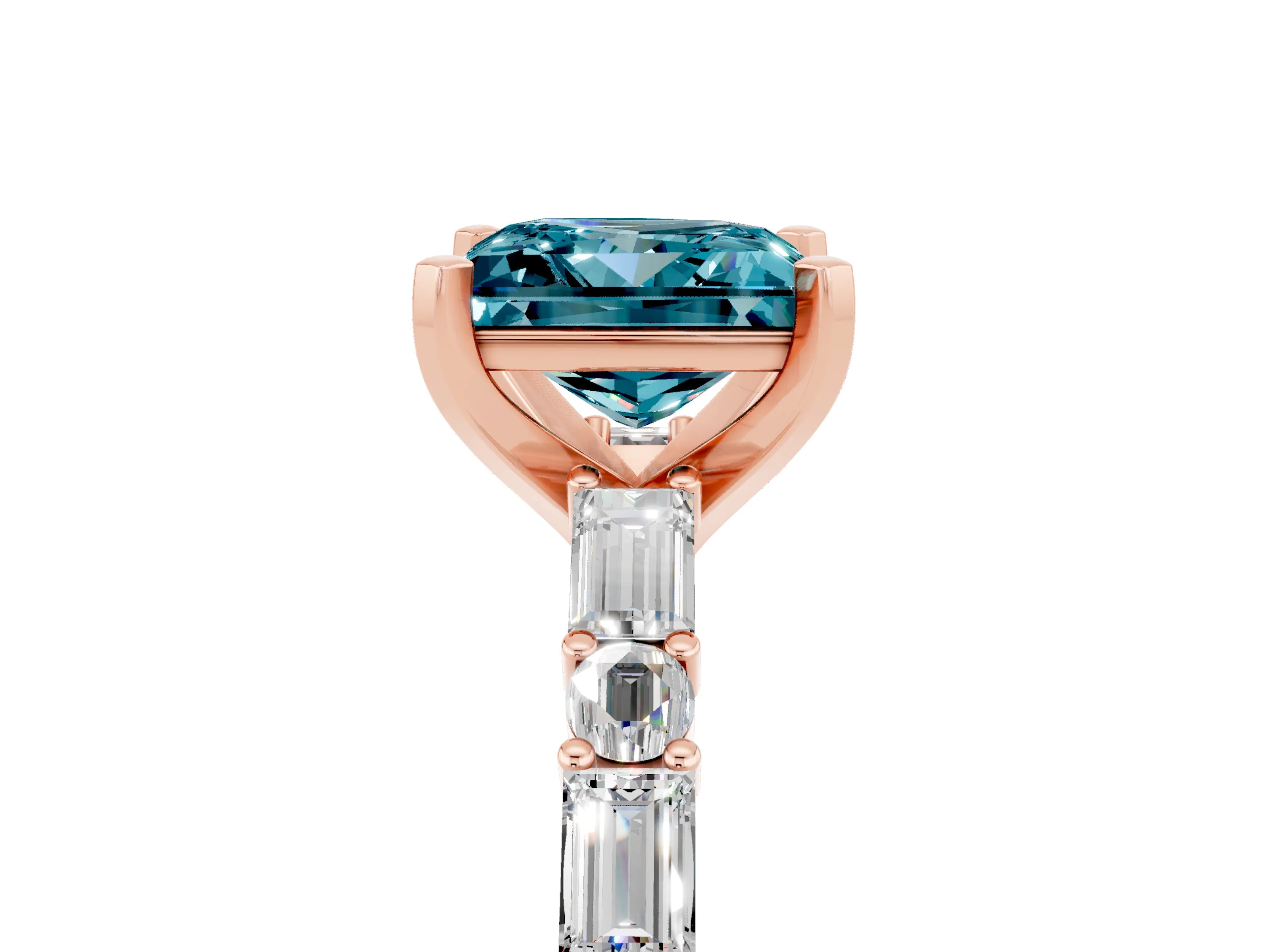 Rose gold Princess Cut Blue Topaz Solitaire with Side Baguettes and Channel Set Band_5