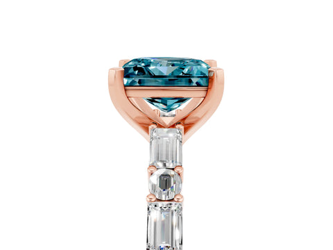 Rose gold Princess Cut Blue Topaz Solitaire with Side Baguettes and Channel Set Band_5