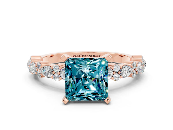 Rose gold Princess Cut Blue Topaz Side Stone Solitaire Ring with Round  and Four-Prong Setting