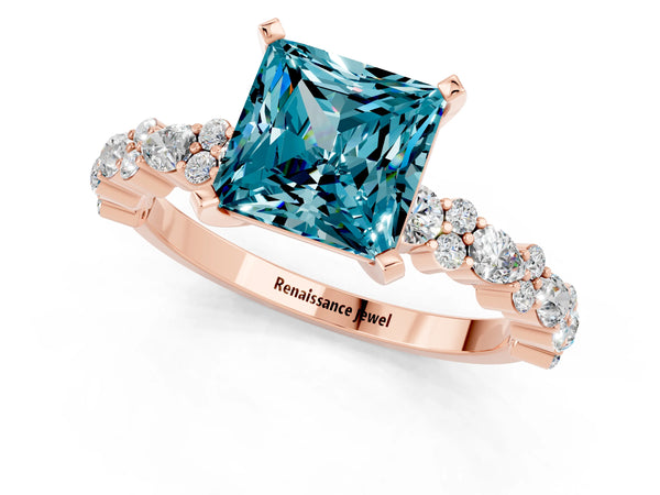 Rose gold Princess Cut Blue Topaz Side Stone Solitaire Ring with Round  and Four-Prong Setting