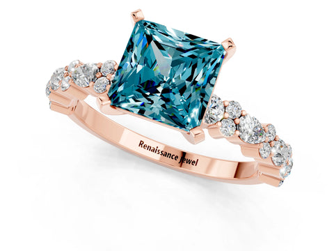 Rose gold Princess Cut Blue Topaz Solitaire with Side Stones, Pave Band, Four-Prong Setting_57