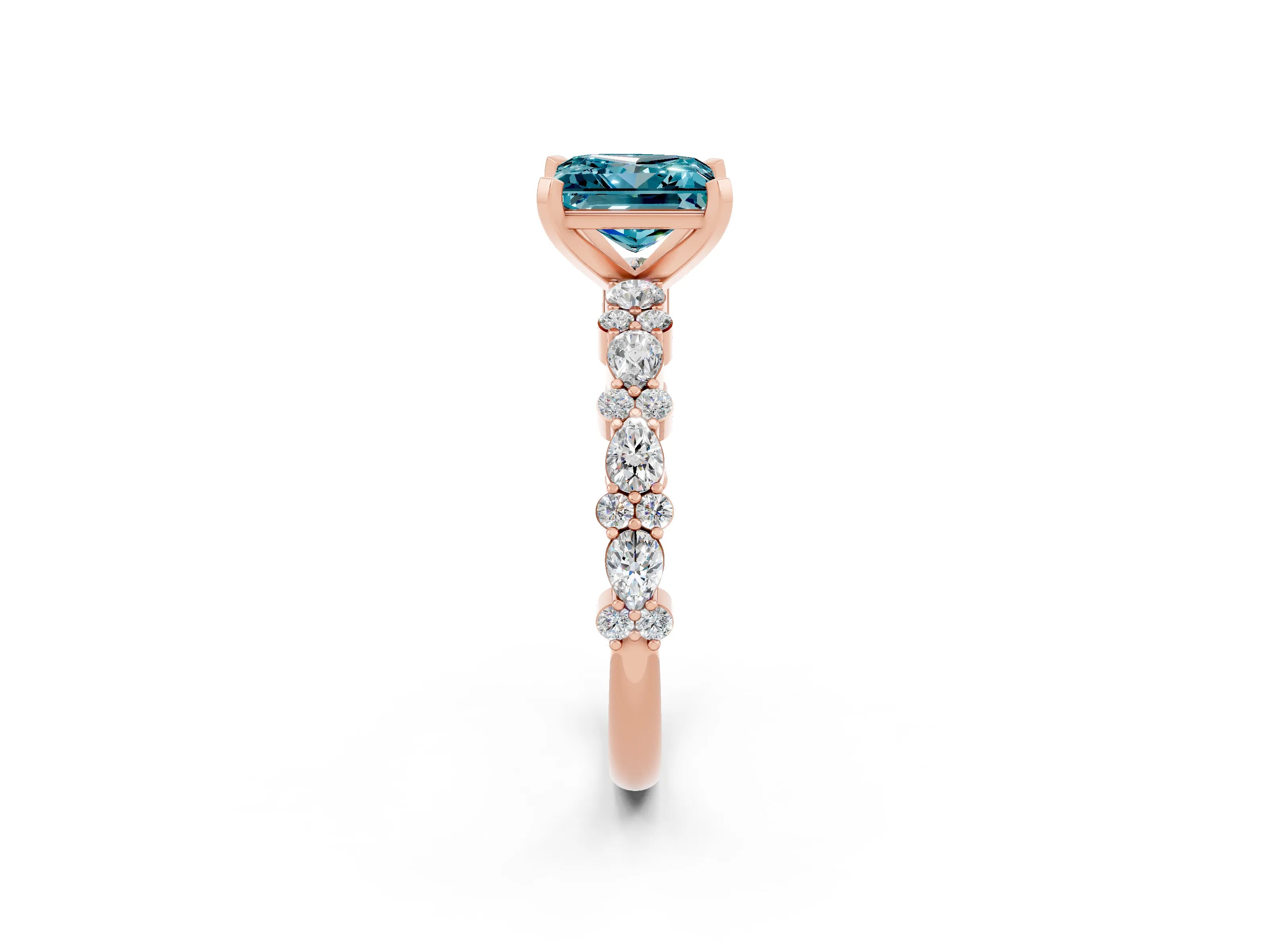Rose gold Princess Cut Blue Topaz Solitaire with Side Stones, Pave Band, Four-Prong Setting_58