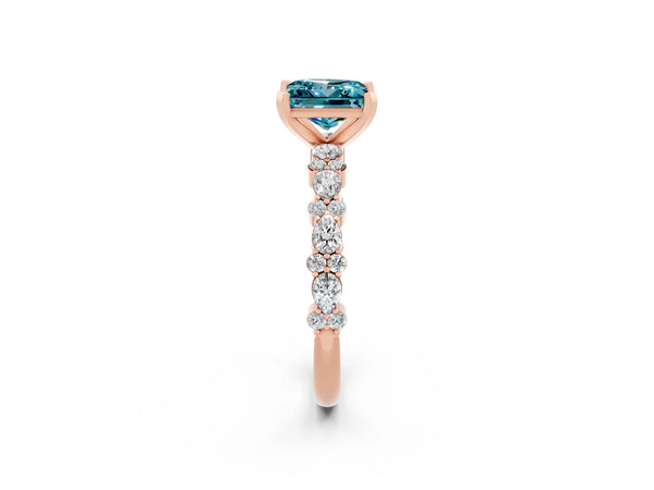 Rose gold Princess Cut Blue Topaz Side Stone Solitaire Ring with Round  and Four-Prong Setting