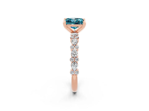 Rose gold Princess Cut Blue Topaz Solitaire with Side Stones, Pave Band, Four-Prong Setting_58