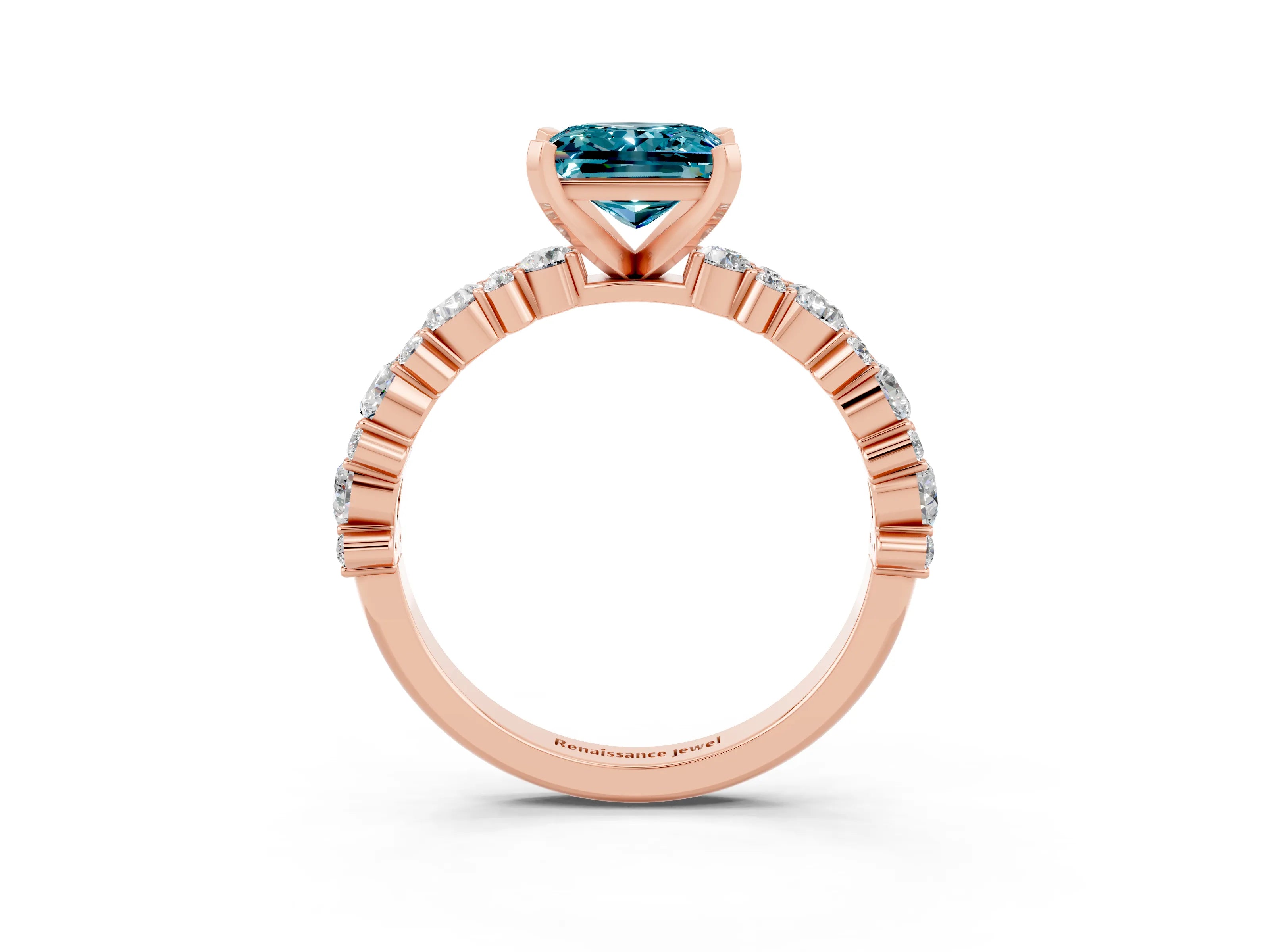 Rose gold Princess Cut Blue Topaz Solitaire with Side Stones, Pave Band, Four-Prong Setting_59