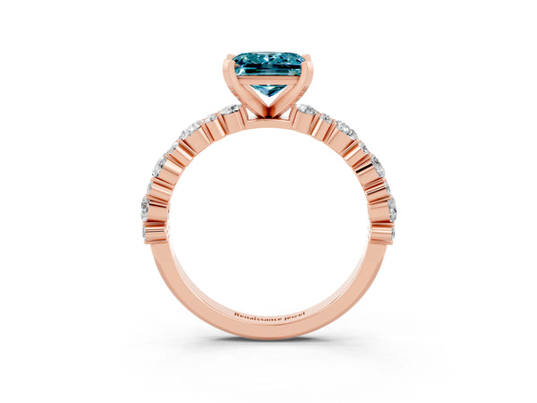 Rose gold Princess Cut Blue Topaz Side Stone Solitaire Ring with Round  and Four-Prong Setting