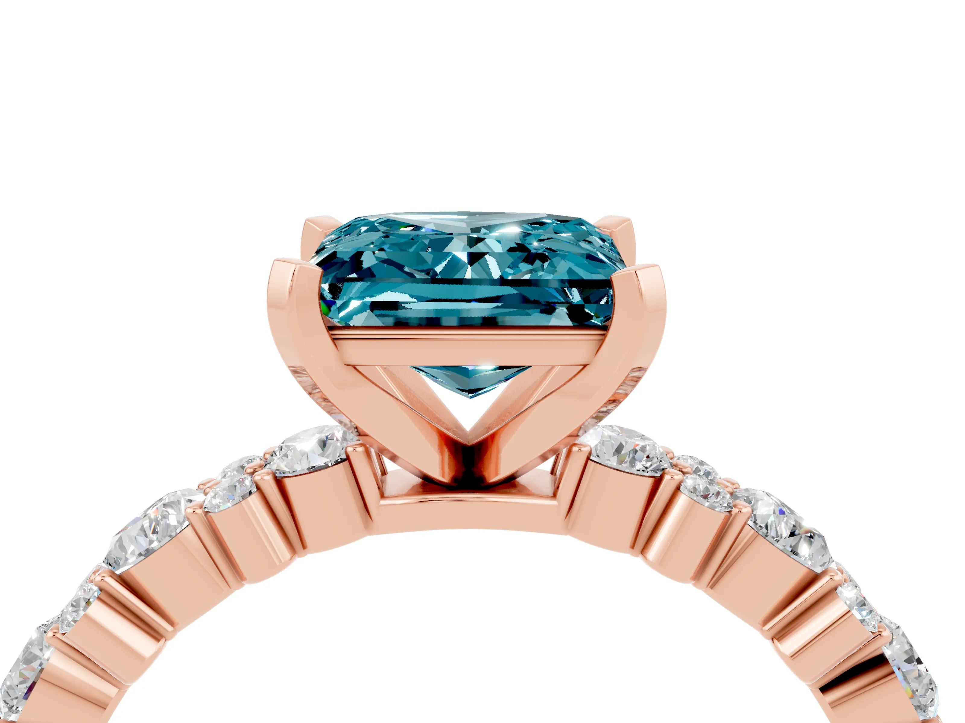 Rose gold Princess Cut Blue Topaz Solitaire with Side Stones, Pave Band, Four-Prong Setting_60
