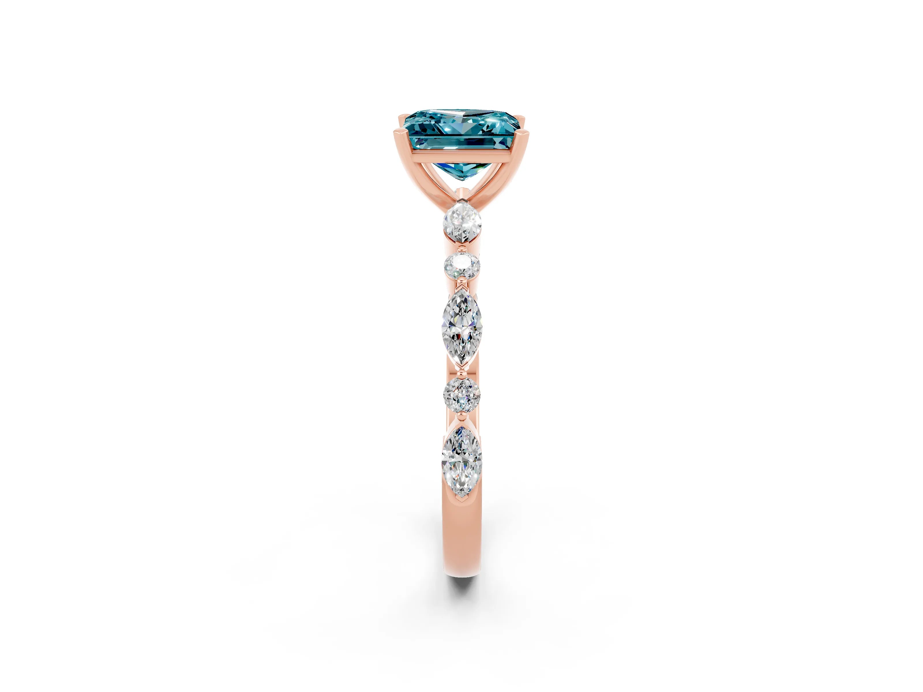 Rose gold Princess Cut Blue Topaz Solitaire with Side Stones on a Pavé Band and Four-Prong Setting_2