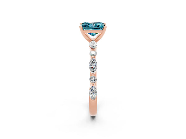 Rose gold Princess Cut Blue Topaz Ring with Marquise and Round  Side Stones and Four-Prong Setting