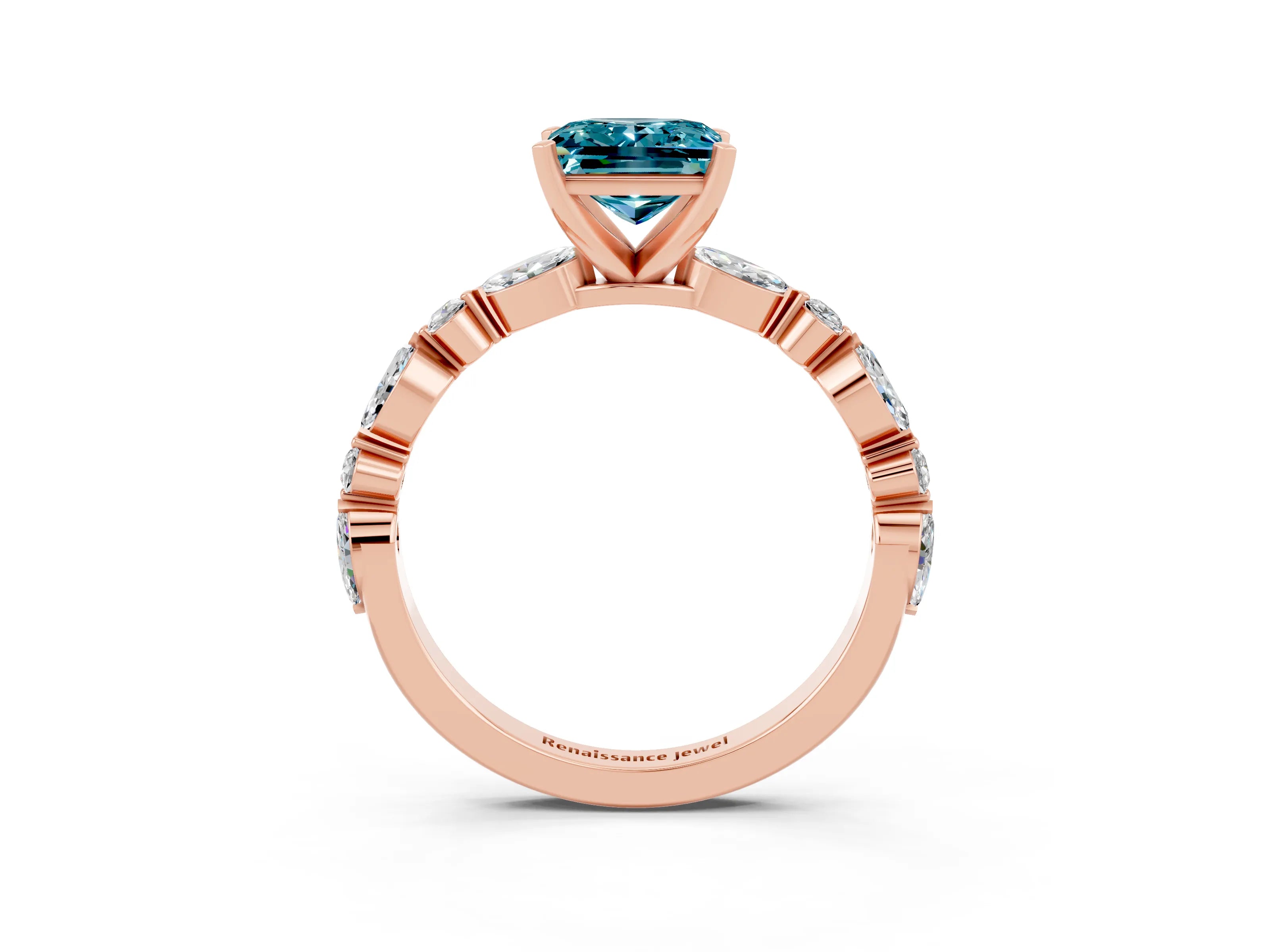 Rose gold Princess Cut Blue Topaz Solitaire with Side Stones on a Pavé Band and Four-Prong Setting_3