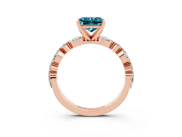 Rose gold Princess Cut Blue Topaz Ring with Marquise and Round  Side Stones and Four-Prong Setting