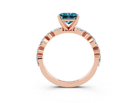 Rose gold Princess Cut Blue Topaz Solitaire with Side Stones on a Pavé Band and Four-Prong Setting_3