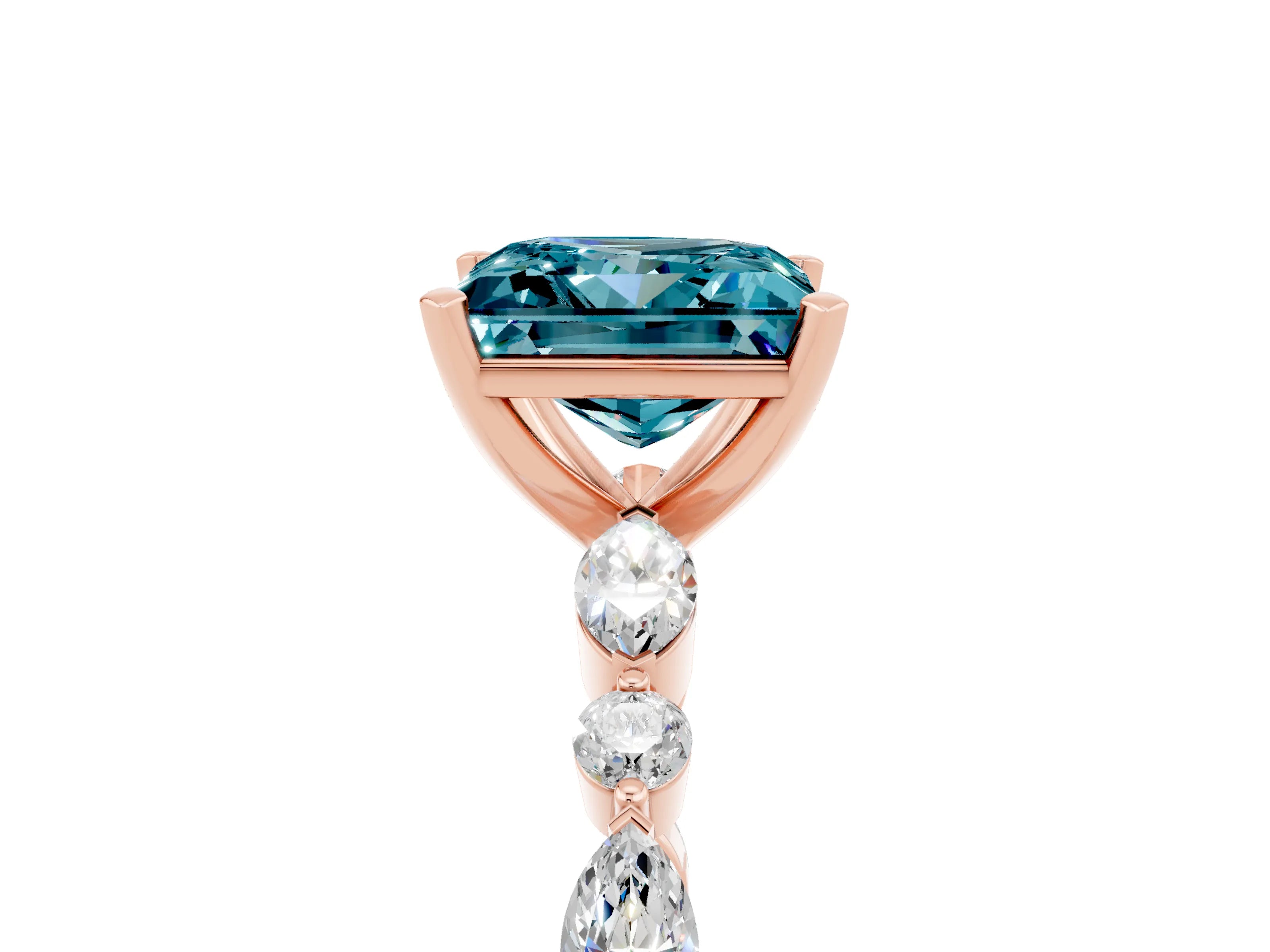 Rose gold Princess Cut Blue Topaz Solitaire with Side Stones on a Pavé Band and Four-Prong Setting_5