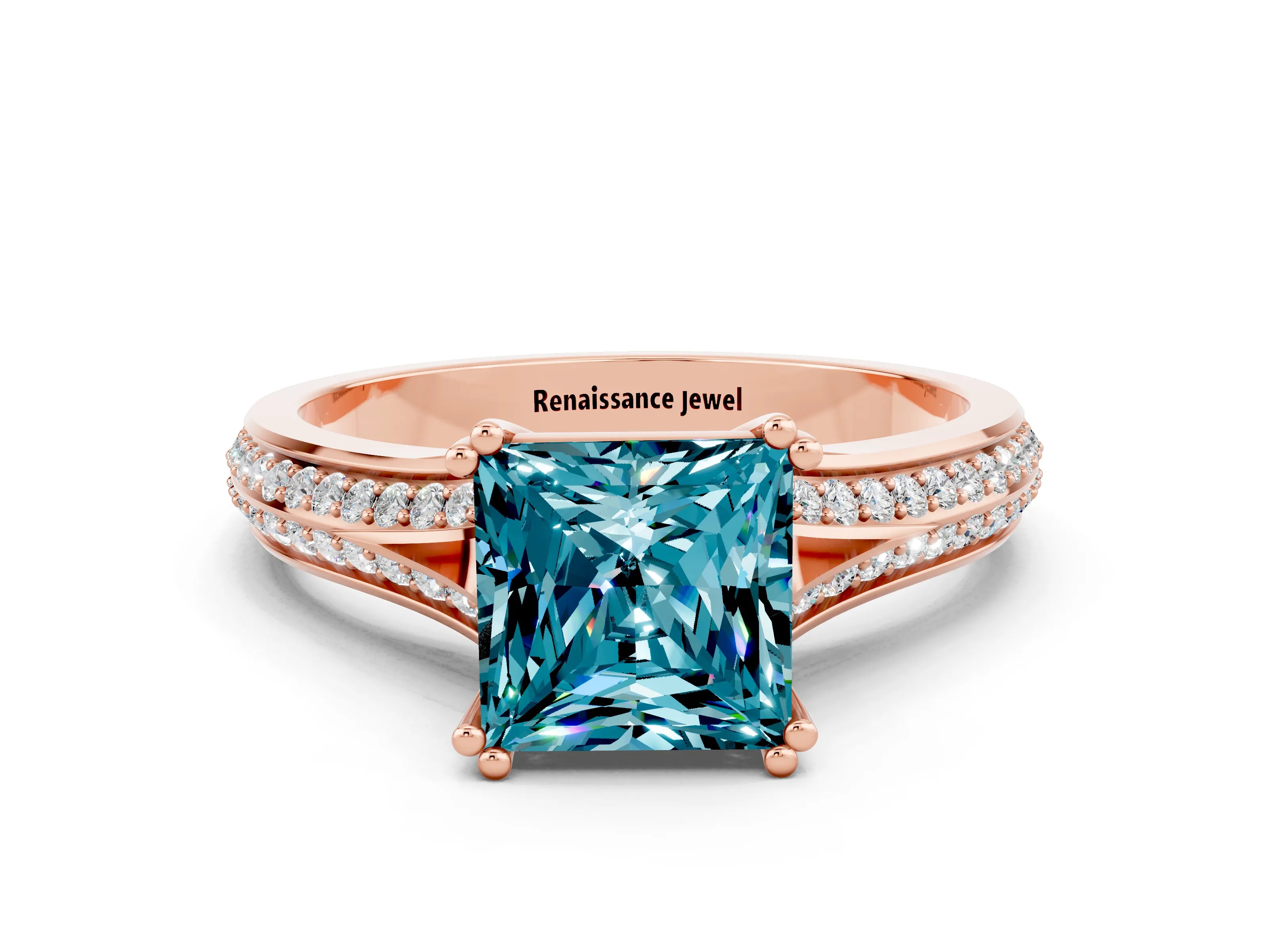 Rose gold Princess Cut Blue Topaz Split Shank Engagement Ring with Pavé Band