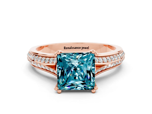 Rose gold Princess Cut Blue Topaz Split Shank Engagement Ring with Pavé Band