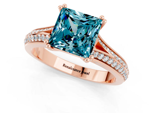 Rose gold Princess Cut Blue Topaz Split Shank Engagement Ring with Pavé Band