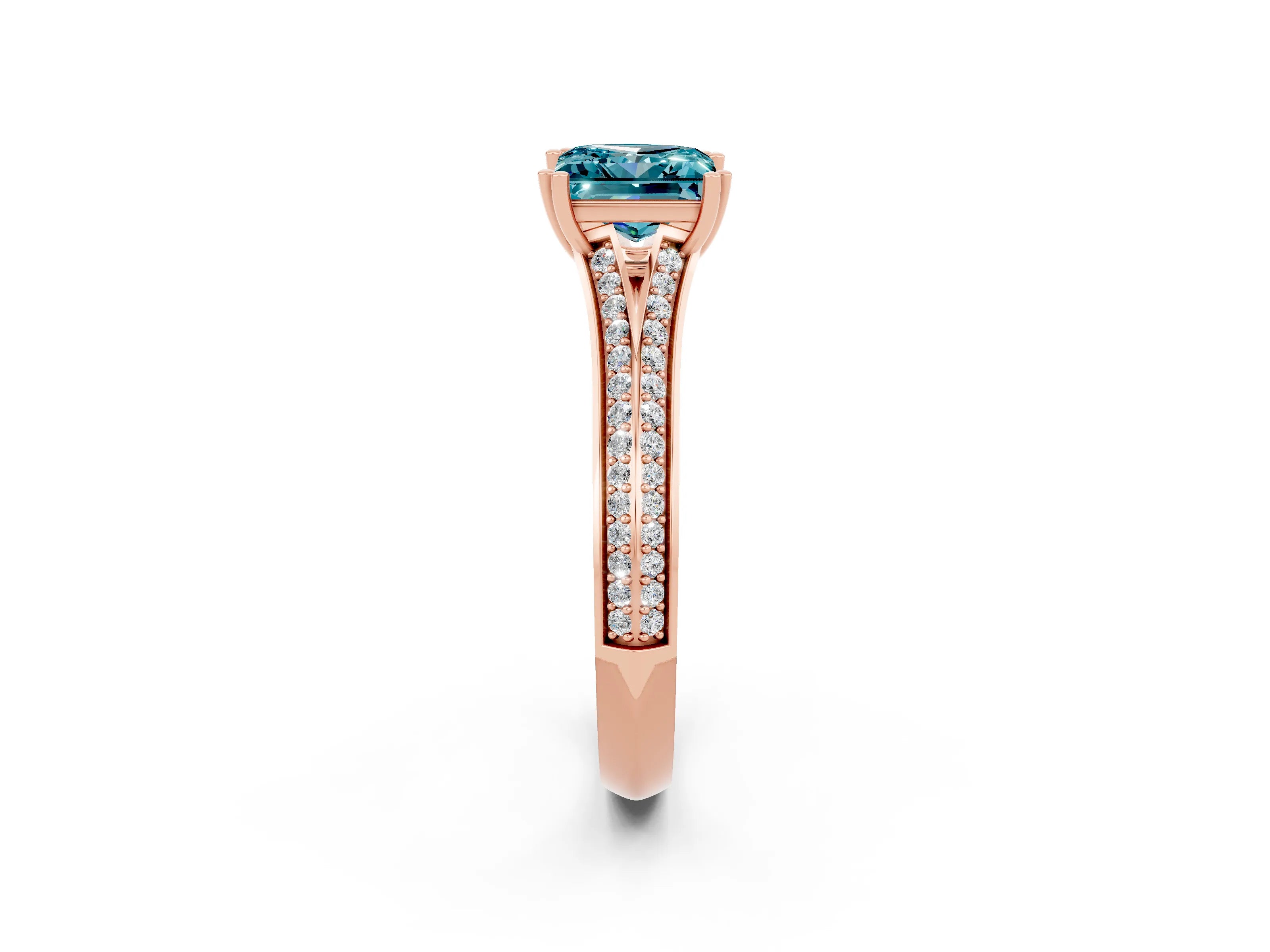 Rose gold Princess Cut Blue Topaz Split Shank Engagement Ring with Pavé Band_2