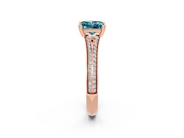 Rose gold Princess Cut Blue Topaz Split Shank Engagement Ring with Pavé Band