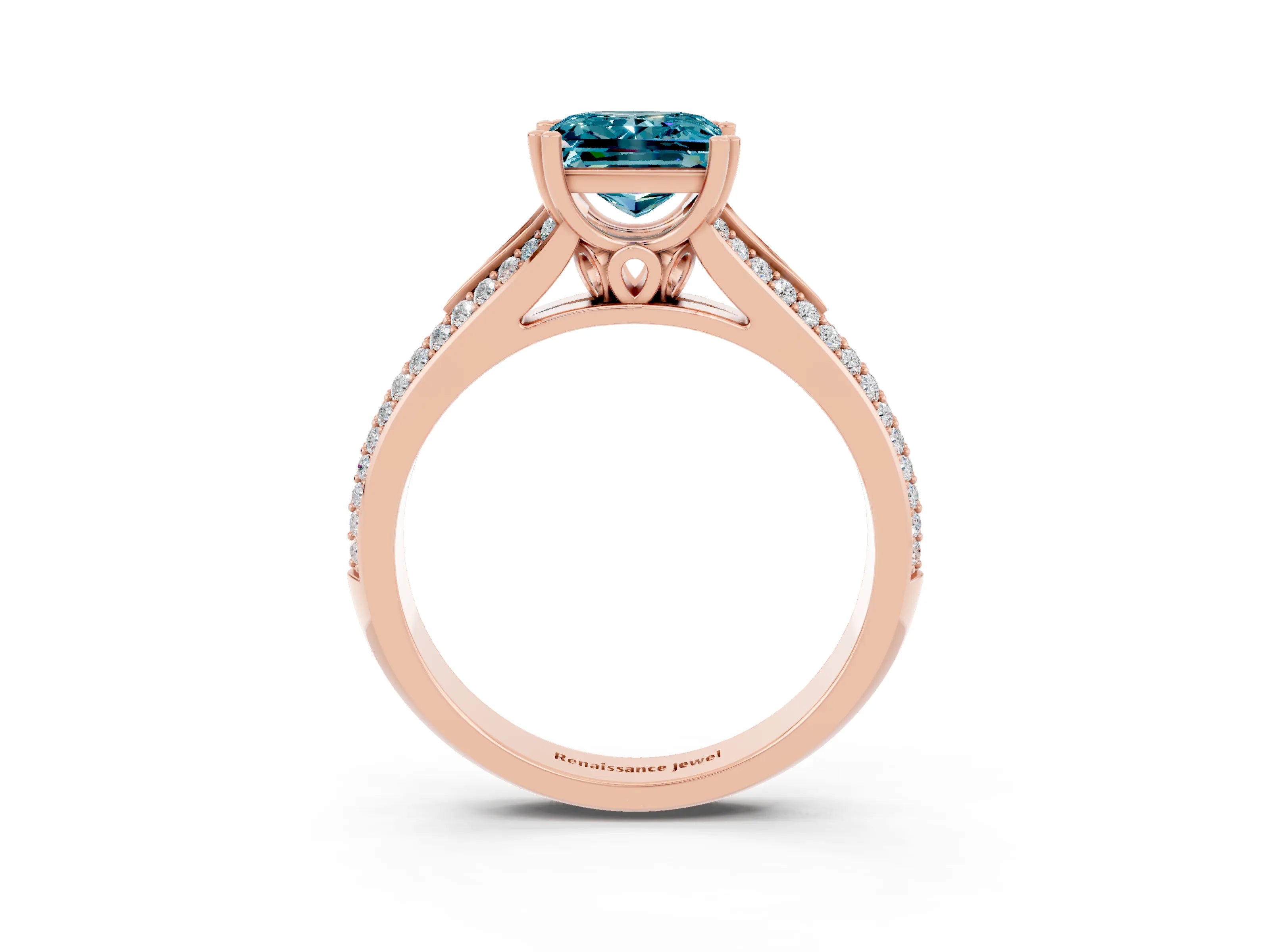 Rose gold Princess Cut Blue Topaz Split Shank Engagement Ring with Pavé Band_3