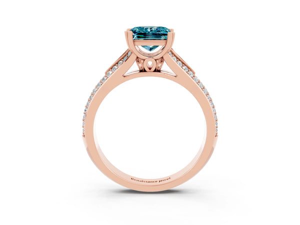 Rose gold Princess Cut Blue Topaz Split Shank Engagement Ring with Pavé Band