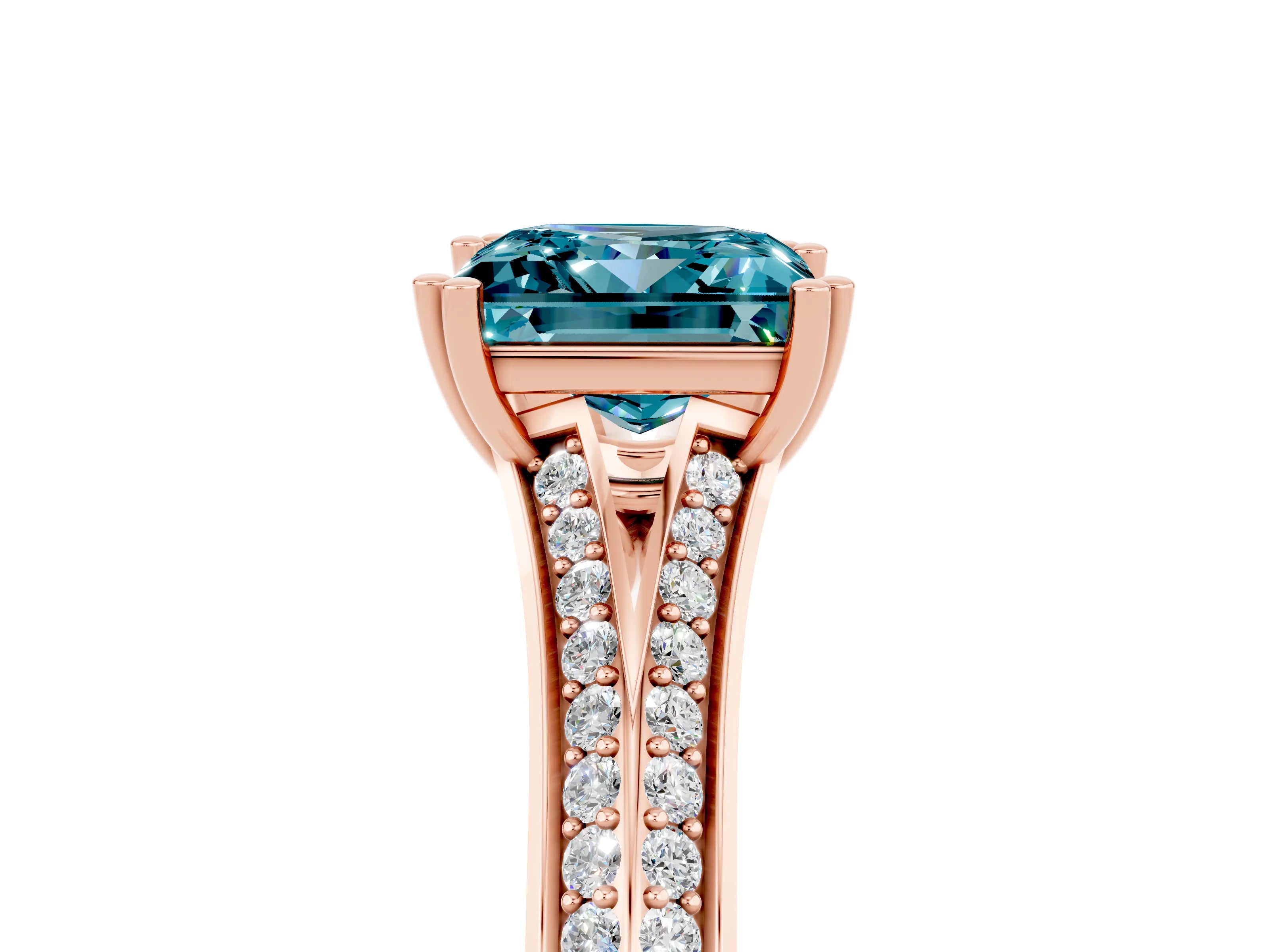 Rose gold Princess Cut Blue Topaz Split Shank Engagement Ring with Pavé Band_5