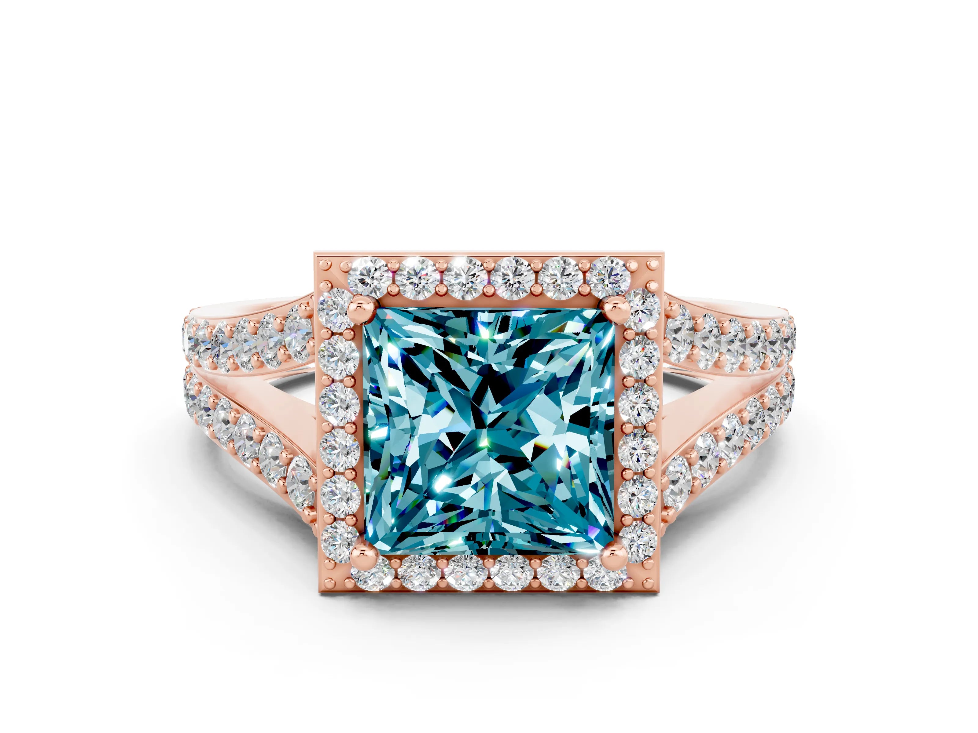 Rose gold Princess Cut Blue Topaz Split Shank Halo Ring with Four-Prong Setting_12