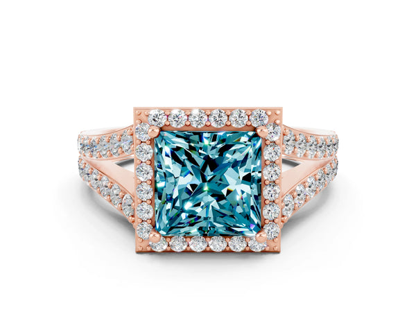 Rose gold Princess Cut Blue Topaz Split Shank Halo Ring with Four-Prong Setting