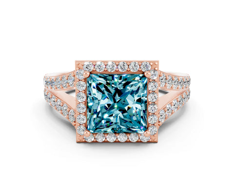 Rose gold Princess Cut Blue Topaz Split Shank Halo Ring with Four-Prong Setting_12