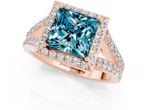 Rose gold Princess Cut Blue Topaz Split Shank Halo Ring with Four-Prong Setting_13