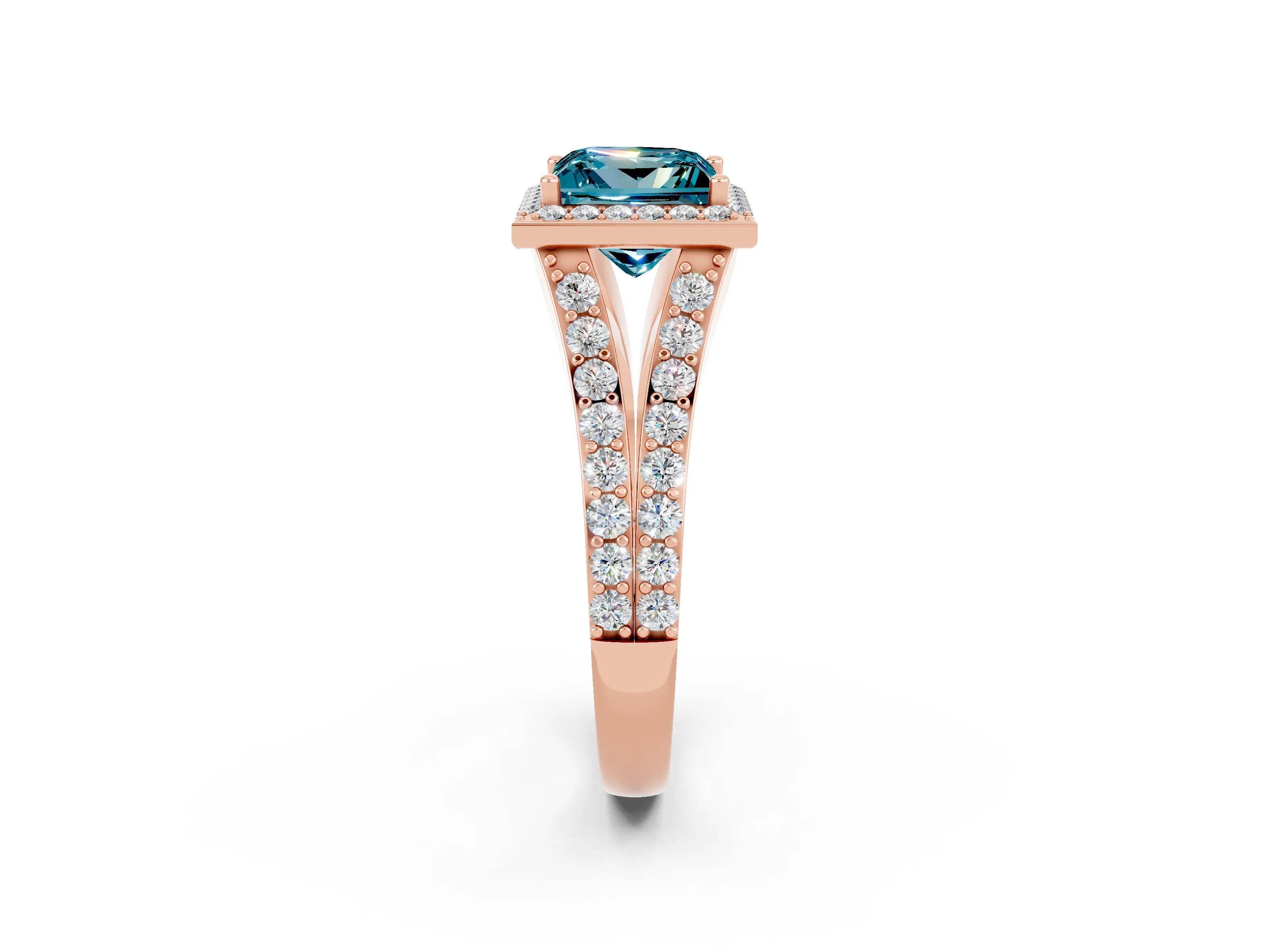 Rose gold Princess Cut Blue Topaz Split Shank Halo Ring with Four-Prong Setting_14