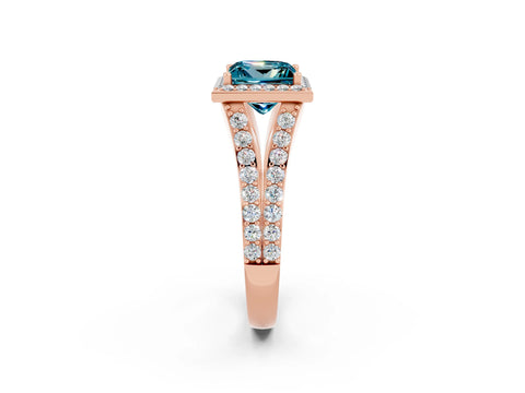 Rose gold Princess Cut Blue Topaz Split Shank Halo Ring with Four-Prong Setting_14