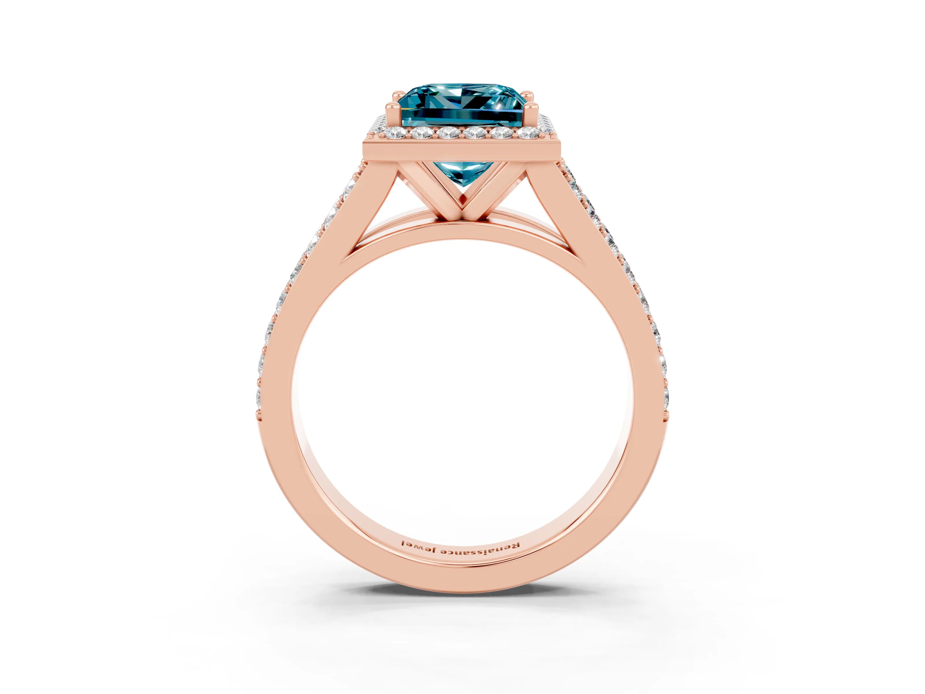 Rose gold Princess Cut Blue Topaz Split Shank Halo Ring with Four-Prong Setting_15