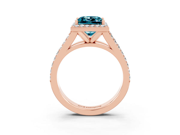 Rose gold Princess Cut Blue Topaz Split Shank Halo Ring with Four-Prong Setting