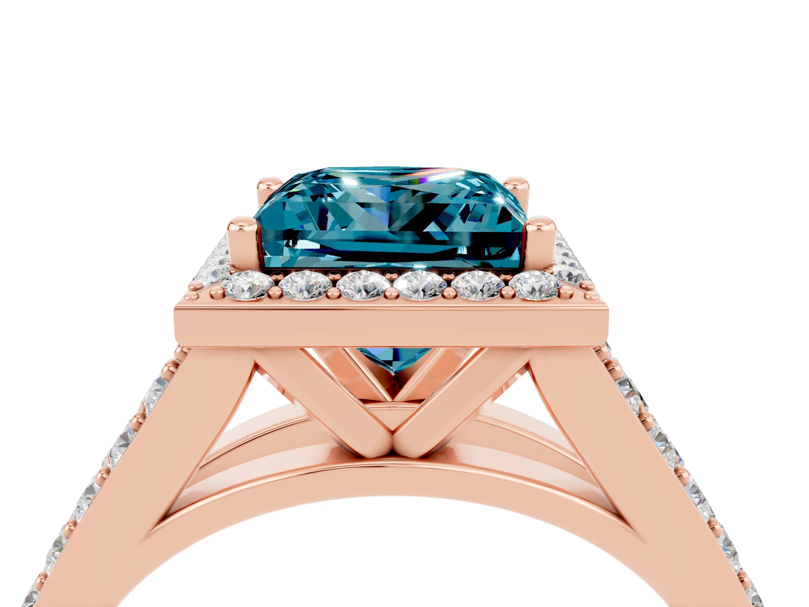 Rose gold Princess Cut Blue Topaz Split Shank Halo Ring with Four-Prong Setting_16