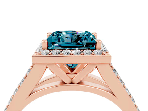 Rose gold Princess Cut Blue Topaz Split Shank Halo Ring with Four-Prong Setting_16