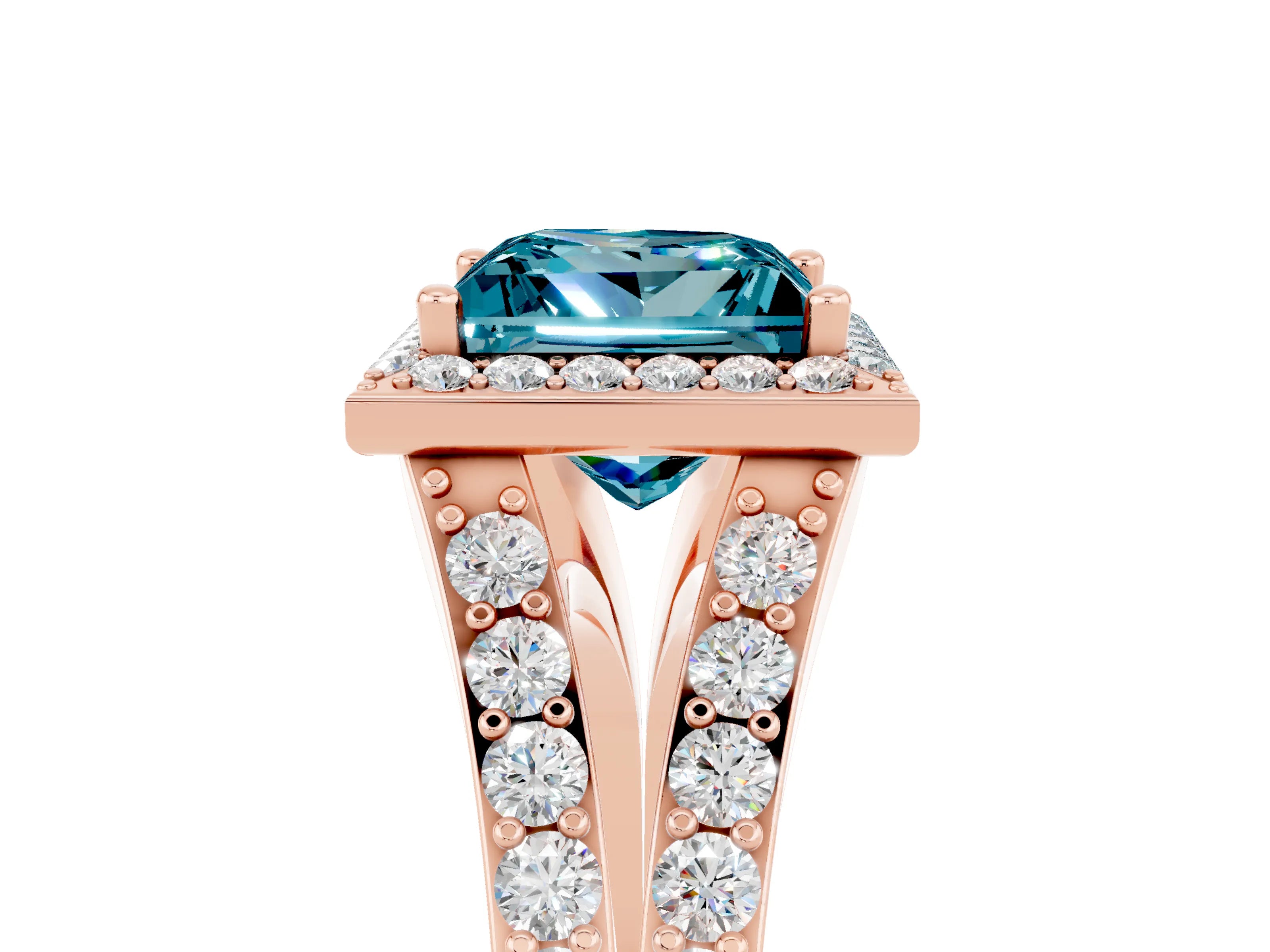 Rose gold Princess Cut Blue Topaz Split Shank Halo Ring with Four-Prong Setting_17