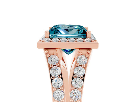 Rose gold Princess Cut Blue Topaz Split Shank Halo Ring with Four-Prong Setting_17