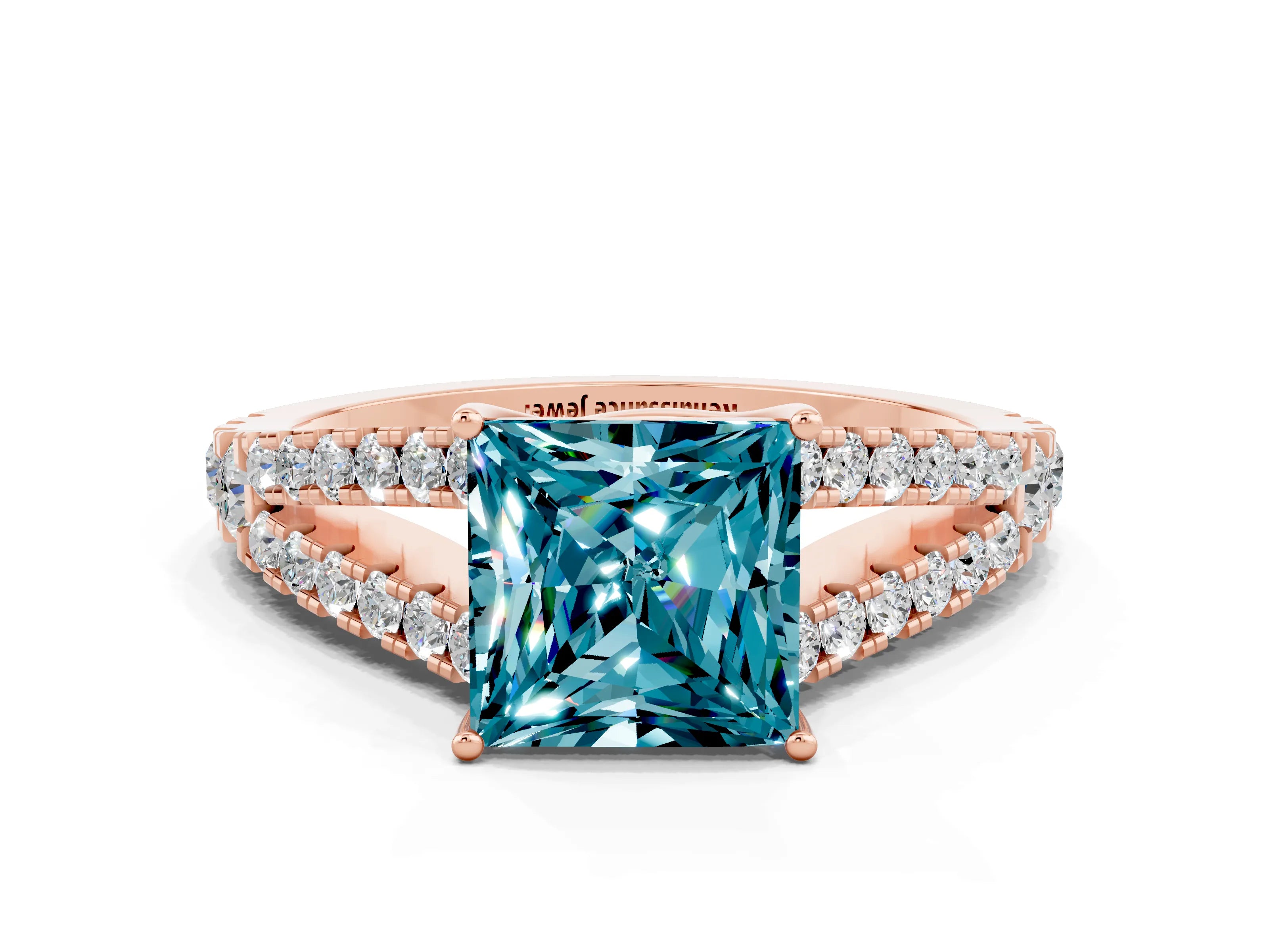 Rose gold Princess Cut Blue Topaz Split Shank Pavé Engagement Ring with Four-Prong Setting_12