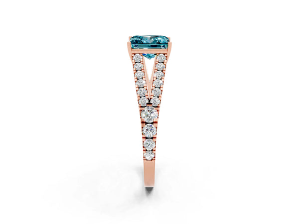 Rose gold Princess Cut Blue Topaz Split Shank Pavé Engagement Ring with Four-Prong Setting