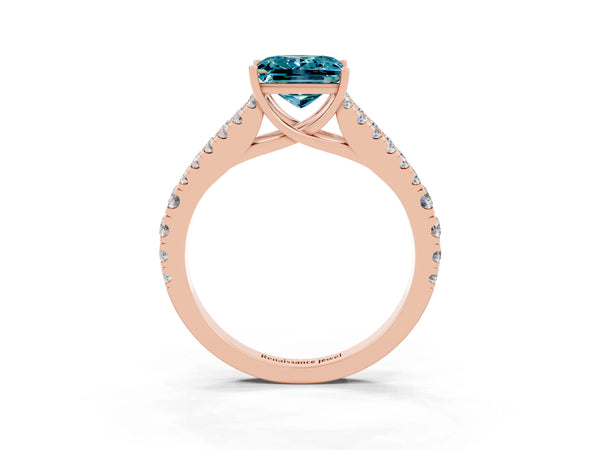 Rose gold Princess Cut Blue Topaz Split Shank Pavé Engagement Ring with Four-Prong Setting