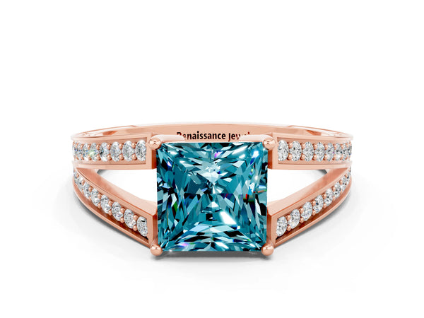 Rose gold Princess Cut Blue Topaz Split Shank Ring with Pavé Band and Four-Prong Setting